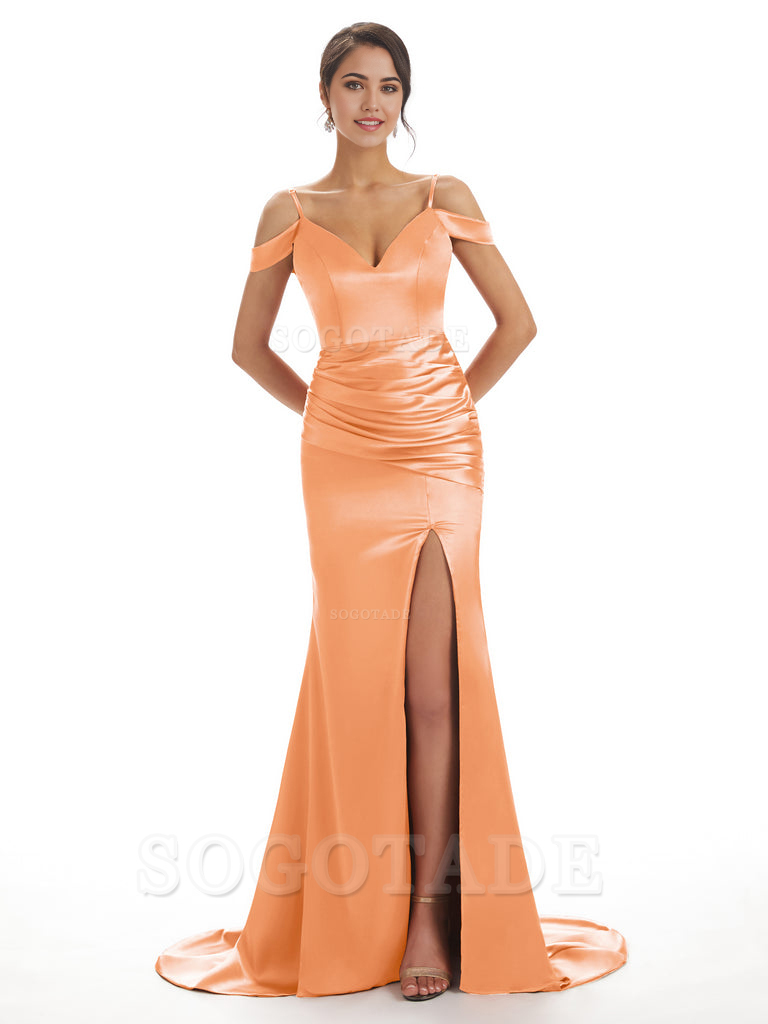Mermaid Off The Shoulder Satin formal dresses evening gown Bridesmaid Dresses With Side Slit 