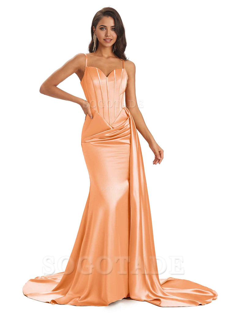 Sheath Spaghetti Satin Straps Floor-Length formal dresses evening gown Bridesmaid Dresses