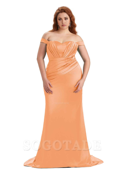 Sexy Mermaid Off The Shoulder Sweetheart Soft Satin Floor Length Long Plus Size Maid of Honor Dresses