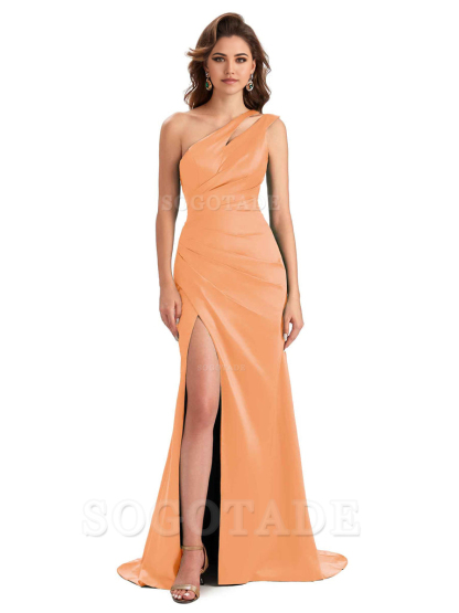 Mermaid One Shoulder Satin Sexy formal dresses evening gown Bridesmaid Dresses With Side Slit 