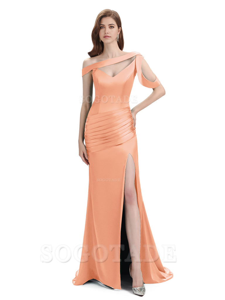 Mermaid V-Neck Satin Floor-Length formal dresses evening gown Bridesmaid Dresses With Side Slit 