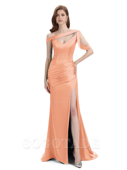 Mermaid V-Neck Satin Floor-Length formal dresses evening gown Bridesmaid Dresses With Side Slit 