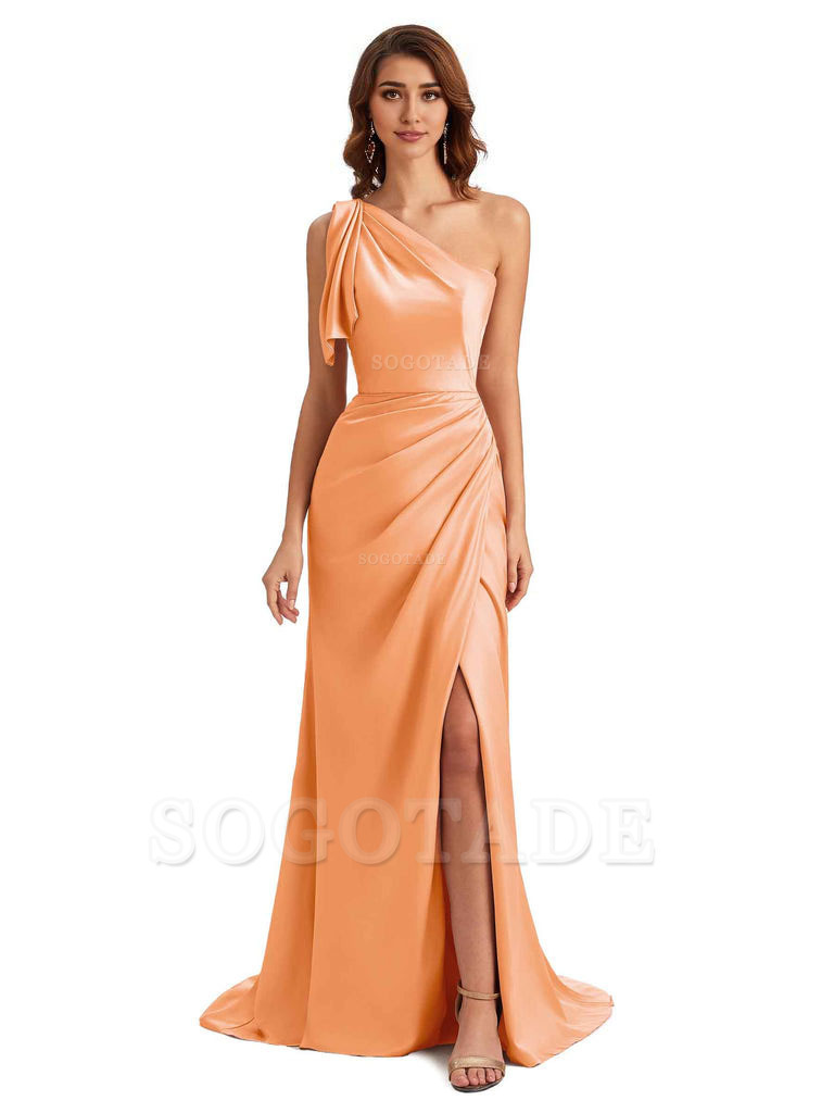 Sexy One Shoulder Mermaid Side Slit Unique Silky Satin Bridesmaid Dresses 
