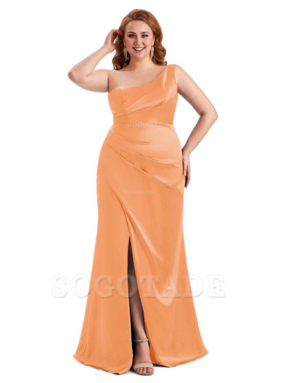 Sexy Side Slit One Shoulder Mermaid Long Plus Size Satin Maxi Dresses