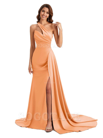 Mermaid One shoulder Satin formal dresses evening gown Bridesmaid Dresses With Side Slit 