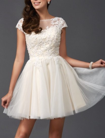 A-Line Homecoming Dresses Elegant Dress Holiday Graduation Short / Mini Sleeveless Jewel Neck Lace with Appliques-SOGOTADE