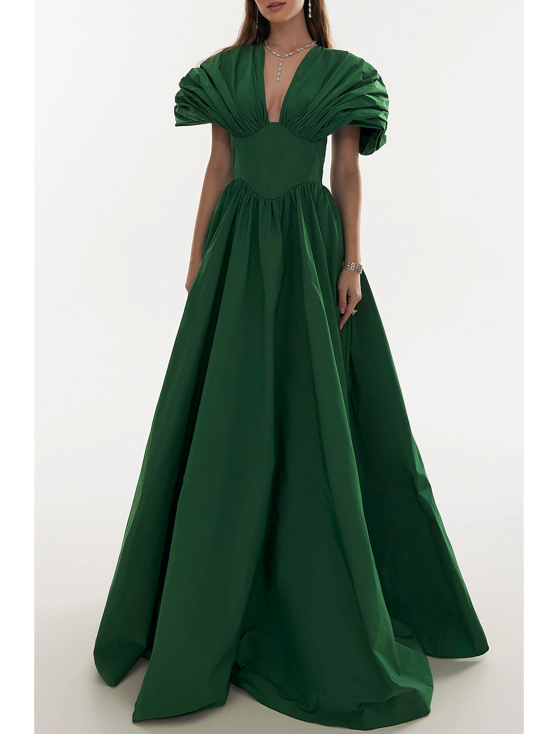 A-Line Evening Gown Elegant Christmas Red Green Dress Formal Black Dress Plus Size Fall Floor Length Short Sleeve V Neck Satin with Pleats 2024-SOGOTADE