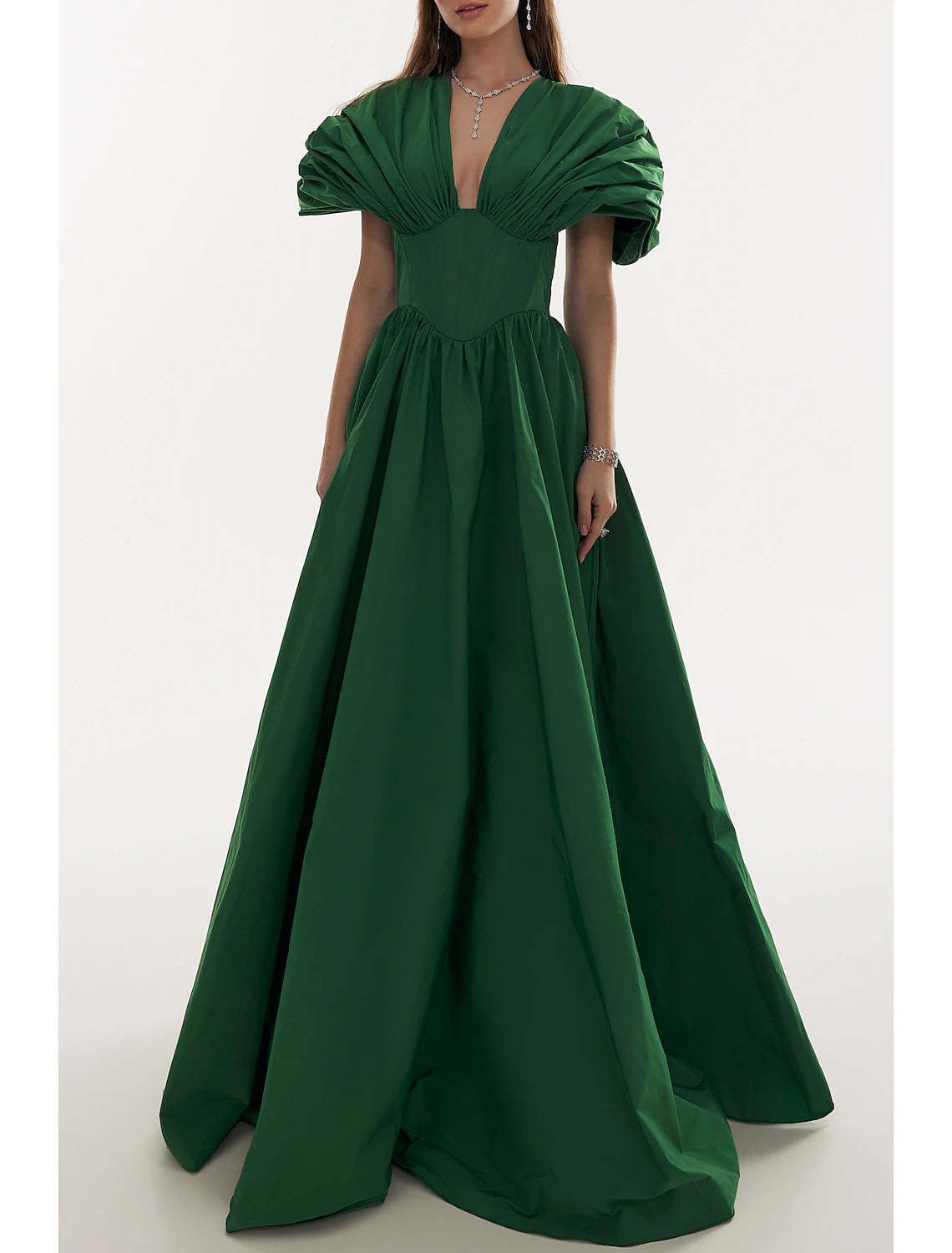 A-Line Evening Gown Elegant Christmas Red Green Dress Formal Black Dress Plus Size Fall Floor Length Short Sleeve V Neck Satin with Pleats 2024-SOGOTADE