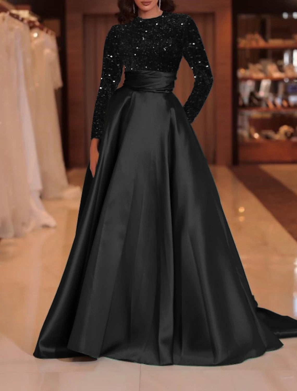 A-Line Evening Gown Sparkle Christmas Red Green Dress Formal Cocktail Party Court Train Long Sleeve High Neck Fall Wedding Guest Satin with Sequin 2024-SOGOTADE