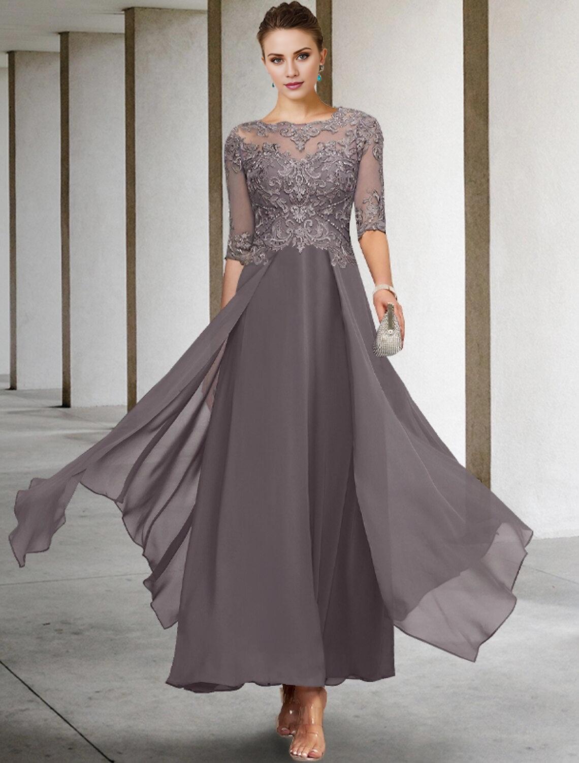 A-Line Mother of the Bride Dress Formal Wedding Guest Elegant Scoop Neck Asymmetrical Ankle Length Chiffon Lace Half Sleeve No with Beading Appliques-SOGOTADE