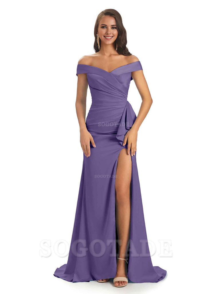 Sexy Soft Satin Side Slit Off The Shoulder Maxi Long Mermaid Bridesmaid Dresses prom shop dresses