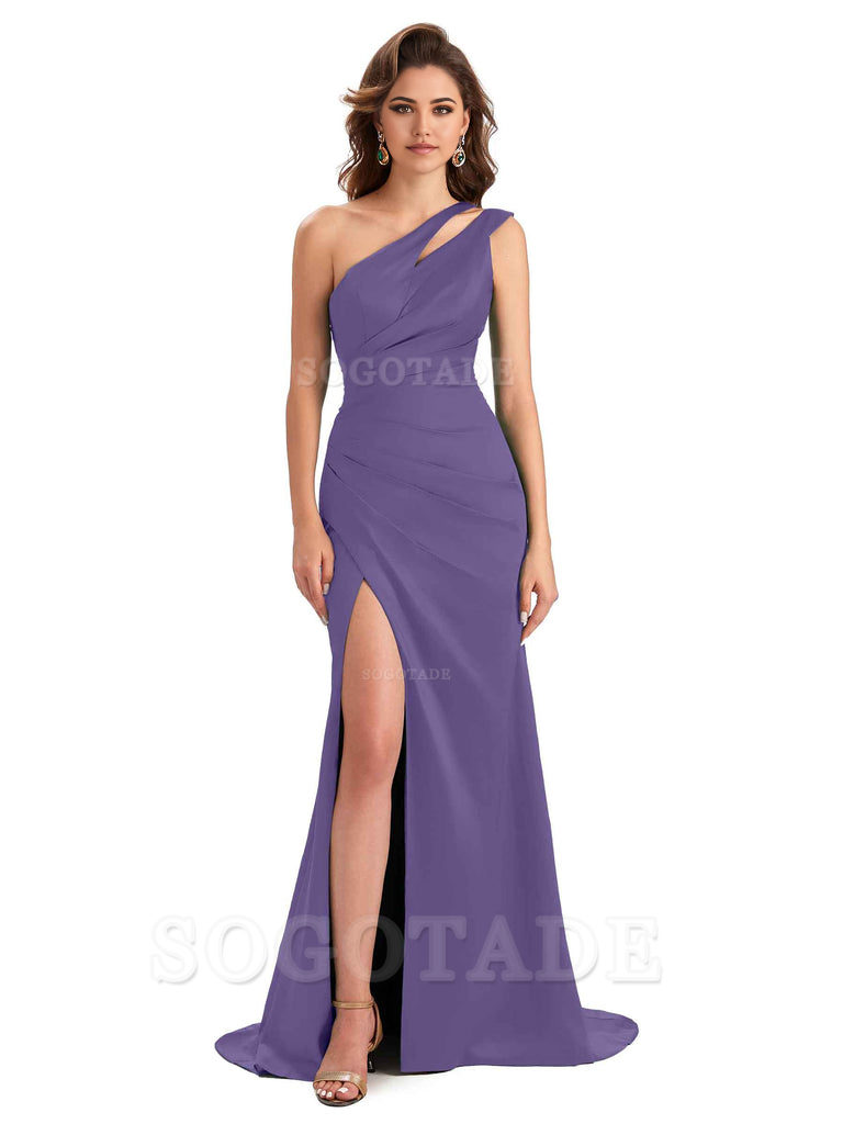 Mermaid One Shoulder Satin Sexy formal dresses evening gown Bridesmaid Dresses With Side Slit 