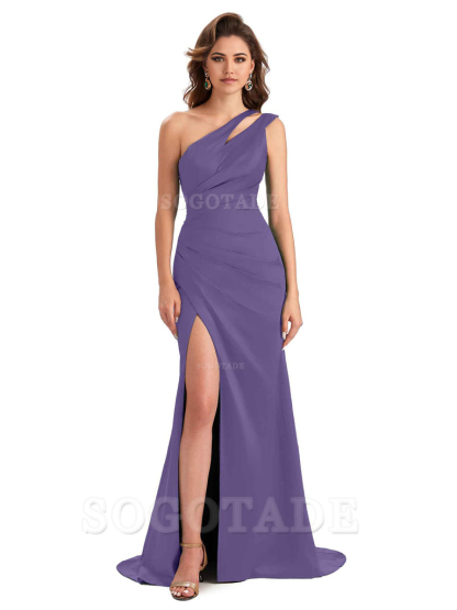 Mermaid One Shoulder Satin Sexy formal dresses evening gown Bridesmaid Dresses With Side Slit 