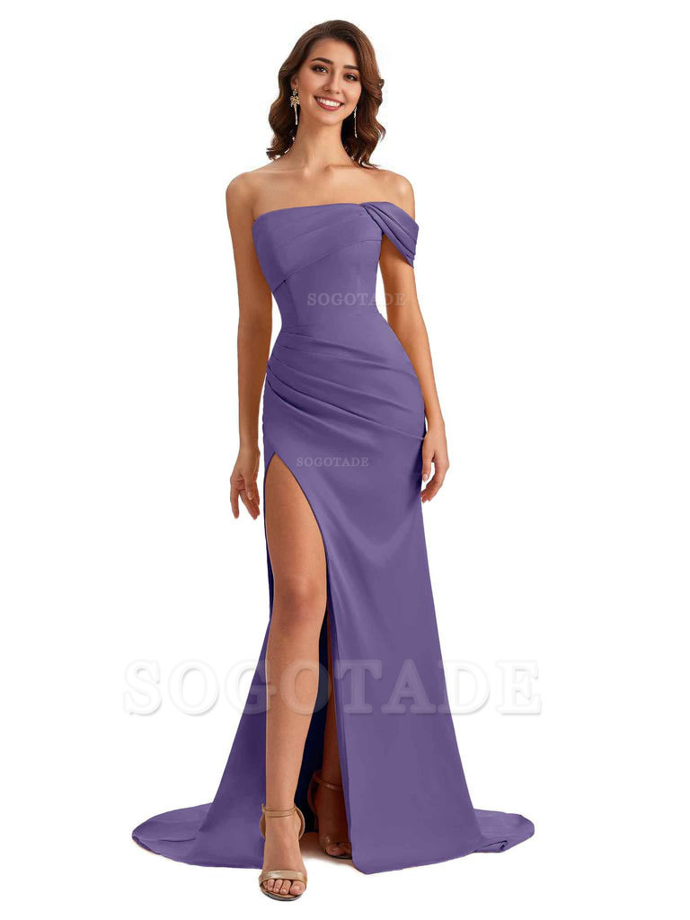 Unique One Shoulder Side Slit Satin Long Formal Dresses For Bridesmaid Dresses