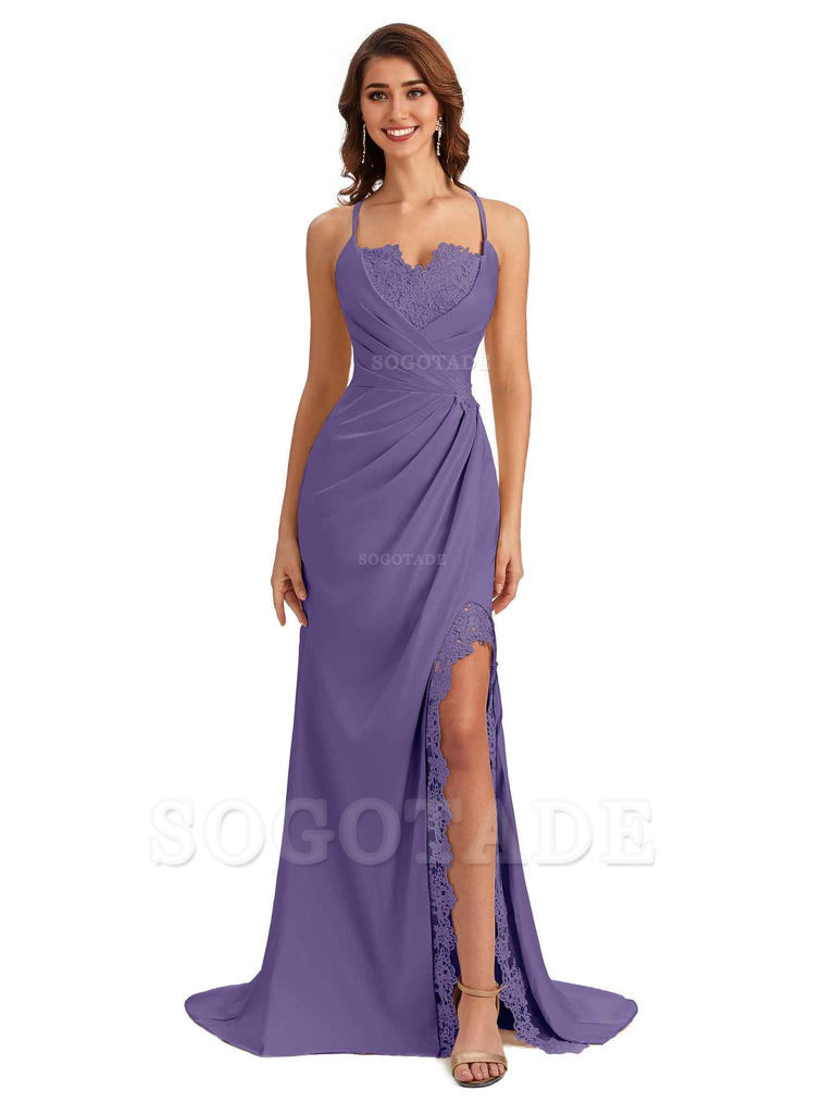 Sexy Side Slit Spaghetti Straps Lace Mermaid Silky Satin Wedding Guest Dresses