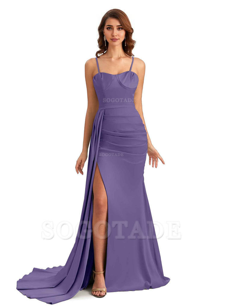 Sexy Spaghetti Straps Side Slit Mermaid Unique Long Bridesmaid Dresses In Satin