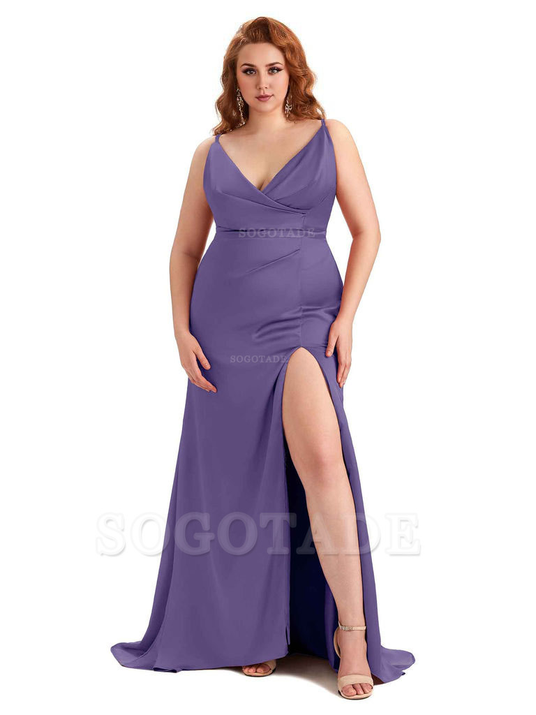Sexy Side Slit Spaghetti Straps Mermaid Soft Satin Fashion Bridesmaid Dresses
