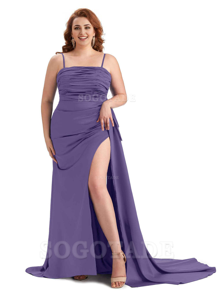 Sexy Side Slit Spaghetti Straps Mermaid Soft Satin Long Plus Size Bridesmaid Dresses Online
