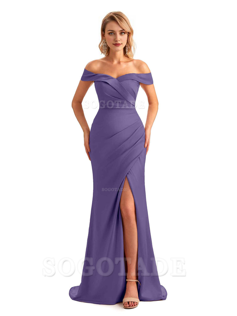 Off Shoulder Side Slit Mermaid Silky Satin Unique Long Formal Wedding Guest Dresses Online