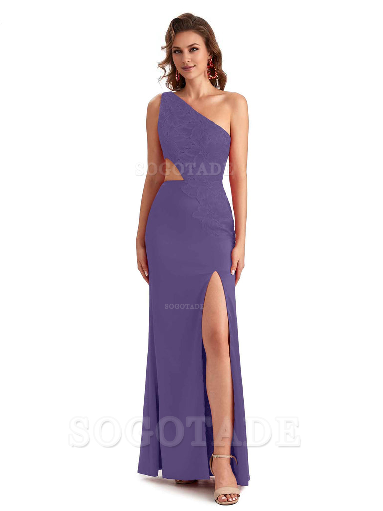 Sexy Side Slit Mermaid Lace Silky Satin One Shoulder Chic Long Bridesmaid Dresses