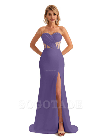 Sexy Sweetheart Strapless Side Slit Mermaid Soft Satin Unique Long Bridesmaid Dress For Wedding