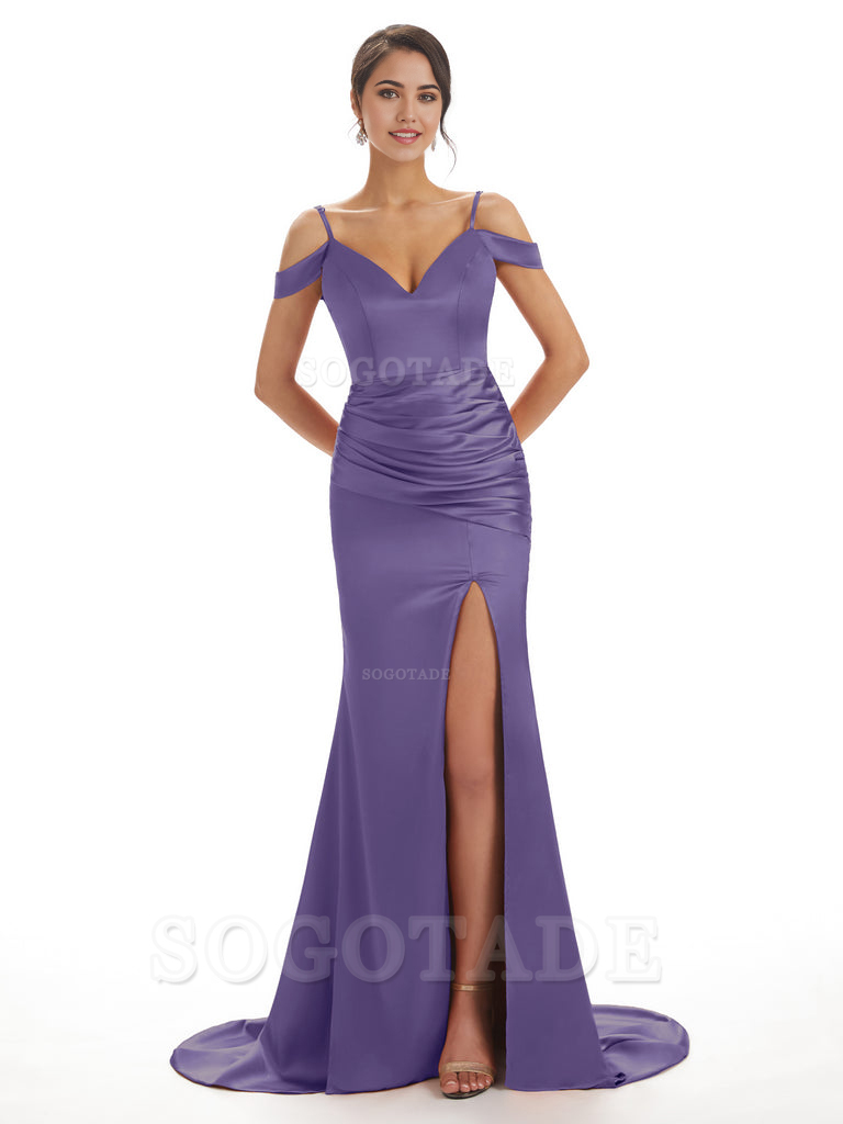 Mermaid Off The Shoulder Satin formal dresses evening gown Bridesmaid Dresses With Side Slit 