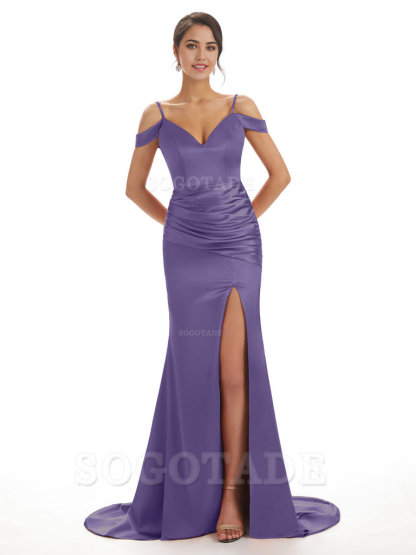 Mermaid Off The Shoulder Satin formal dresses evening gown Bridesmaid Dresses With Side Slit 