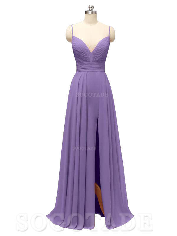 Honest Chiffon Spaghetti Straps Slit Long Bridesmaid Dresses prom shop dresses
