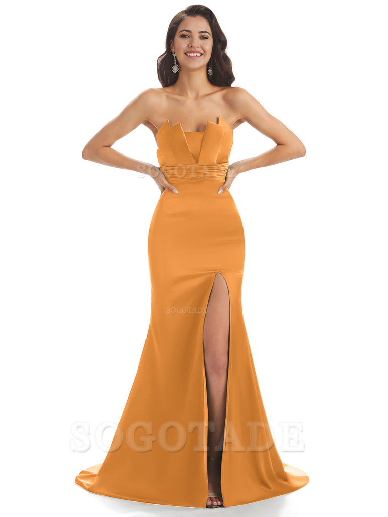 Mermaid sleeveless Satin formal dresses evening gown Bridesmaid Dresses With Side Slit 