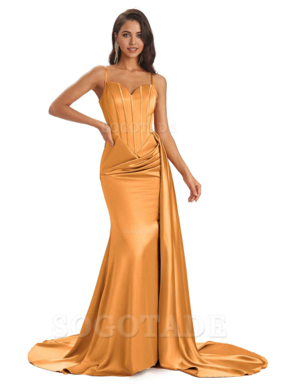 Sheath Spaghetti Satin Straps Floor-Length formal dresses evening gown Bridesmaid Dresses