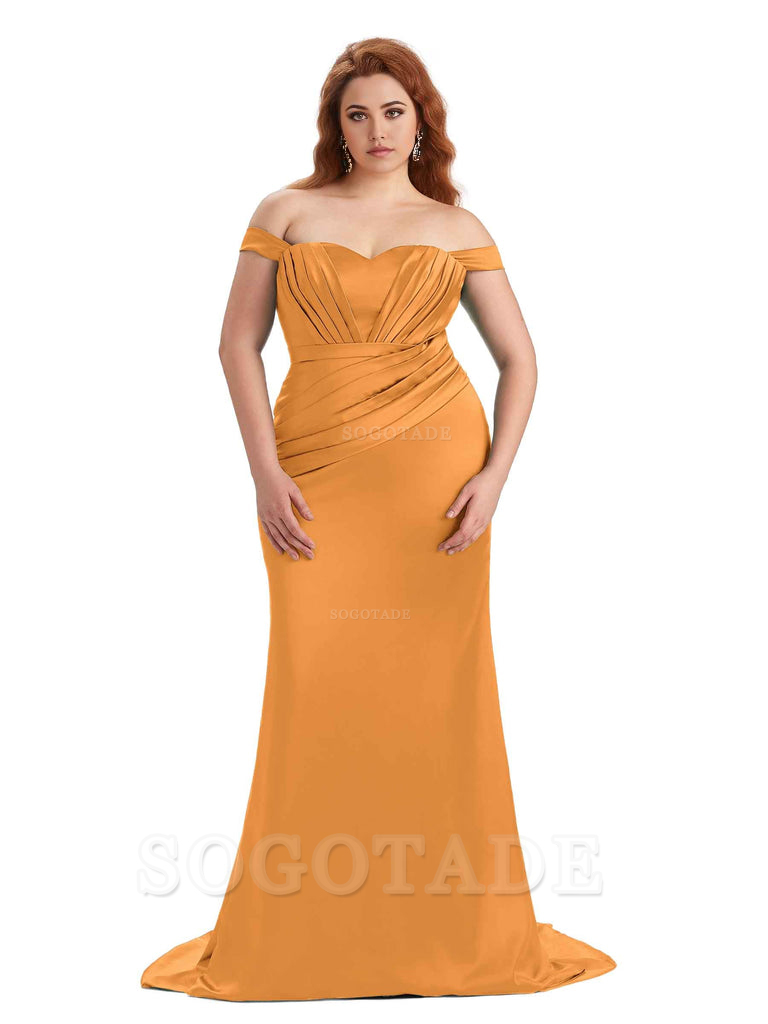 Sexy Mermaid Off The Shoulder Sweetheart Soft Satin Floor Length Long Plus Size Maid of Honor Dresses
