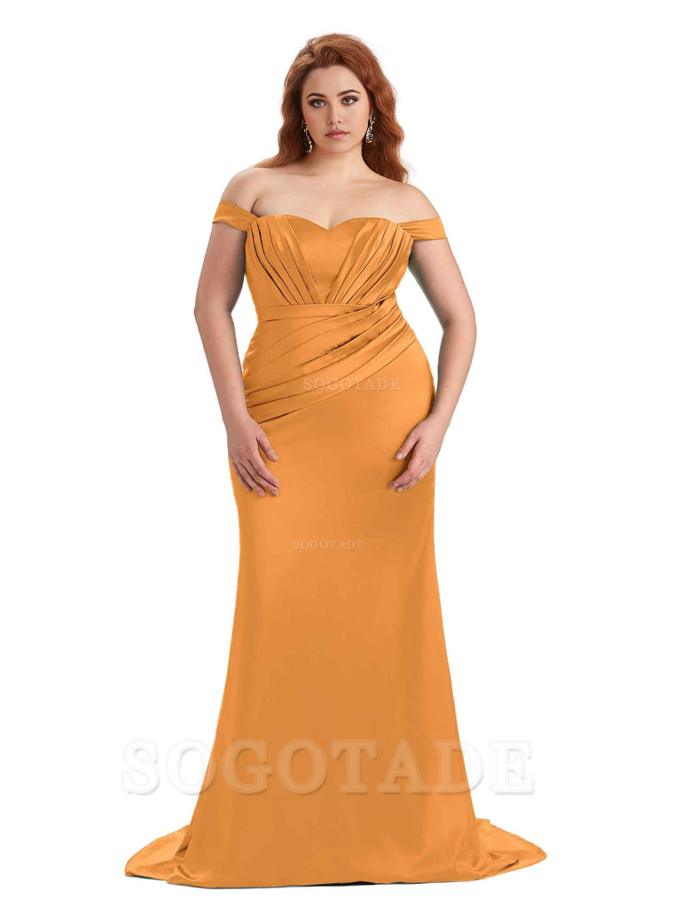 Sexy Mermaid Off The Shoulder Sweetheart Soft Satin Floor Length Long Plus Size Maid of Honor Dresses