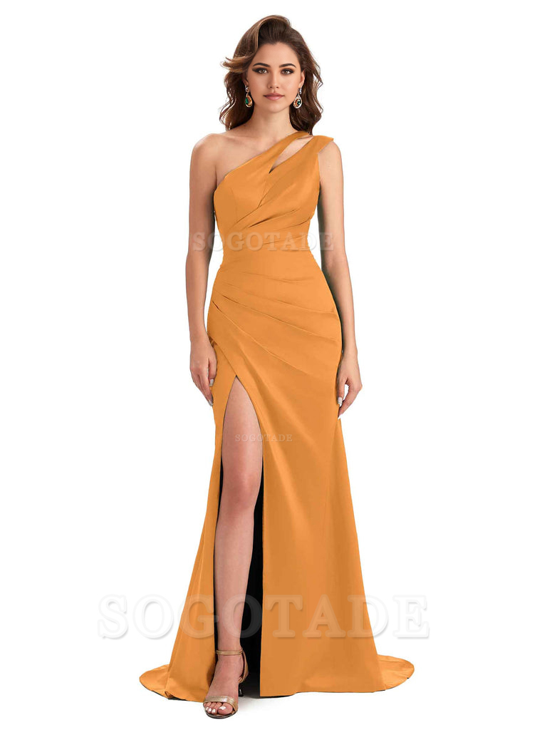 Mermaid One Shoulder Satin Sexy formal dresses evening gown Bridesmaid Dresses With Side Slit 