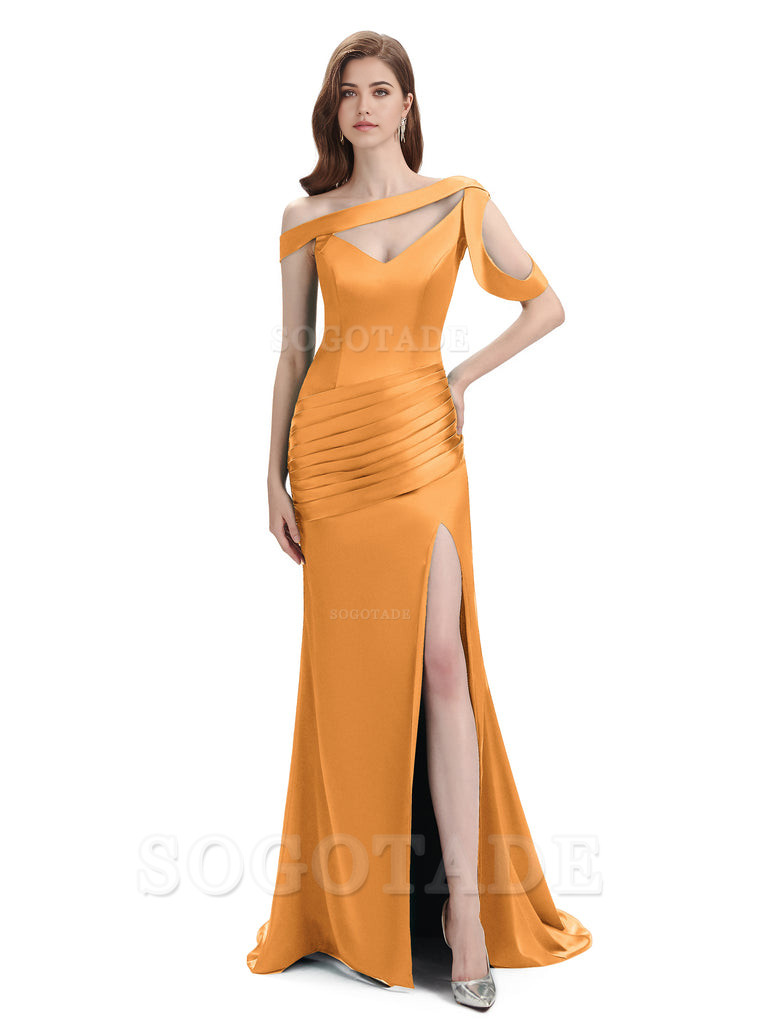 Mermaid V-Neck Satin Floor-Length formal dresses evening gown Bridesmaid Dresses With Side Slit 