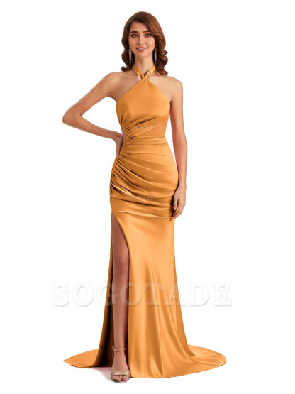 Sexy Halter Mermaid Silky Satin Unique Long Formal Wedding Guest Dresses