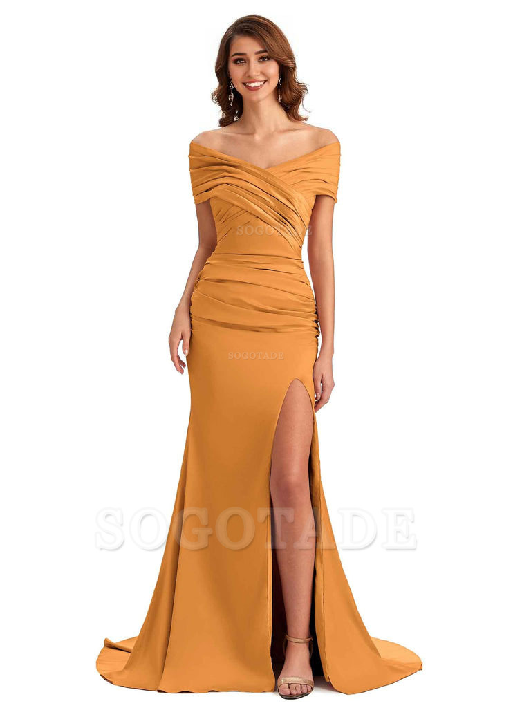 Sexy Off The Shoulder Side Slit Mermaid Satin Unique Long Formal Wedding Guest Dresses