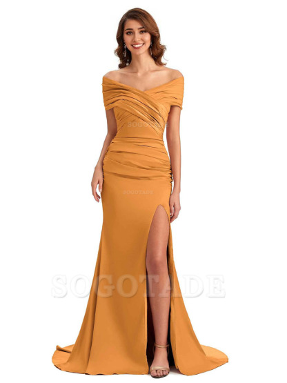Sexy Off The Shoulder Side Slit Mermaid Satin Unique Long Formal Wedding Guest Dresses