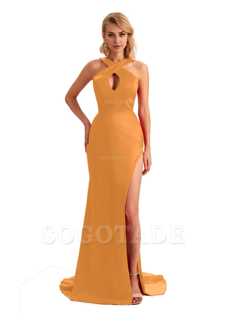 Sexy Side Slit Halter Mermaid Silky Satin Unique Long Formal Wedding Bridesmaid Dresses