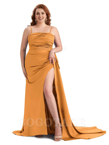 Sexy Side Slit Spaghetti Straps Mermaid Soft Satin Long Plus Size Bridesmaid Dresses Online