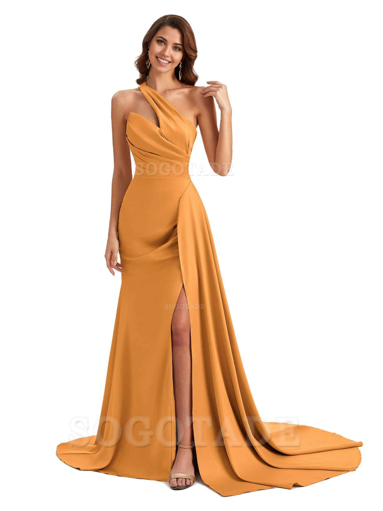 Mermaid One shoulder Satin formal dresses evening gown Bridesmaid Dresses With Side Slit 