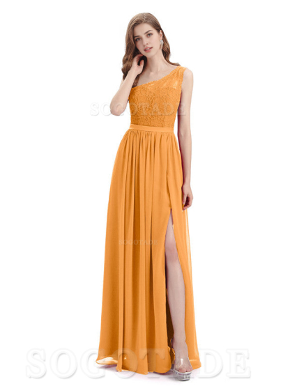 A-Line One Shoulder Top Lace Floor-Length Elegant Adoration Bridesmaid Dresses Formal Women's Dresses Wedding Guests Dresses