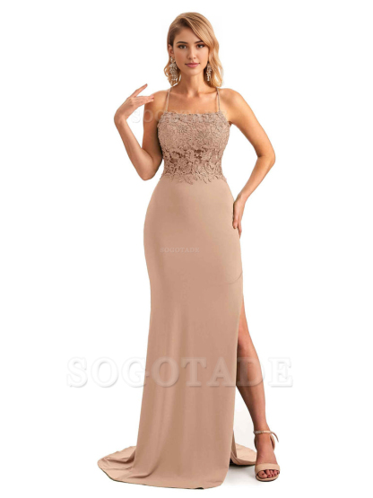 Sexy Side Slit Spaghetti Straps Open Back Mermaid Lace Applique Long Formal Bridesmaid Dresses