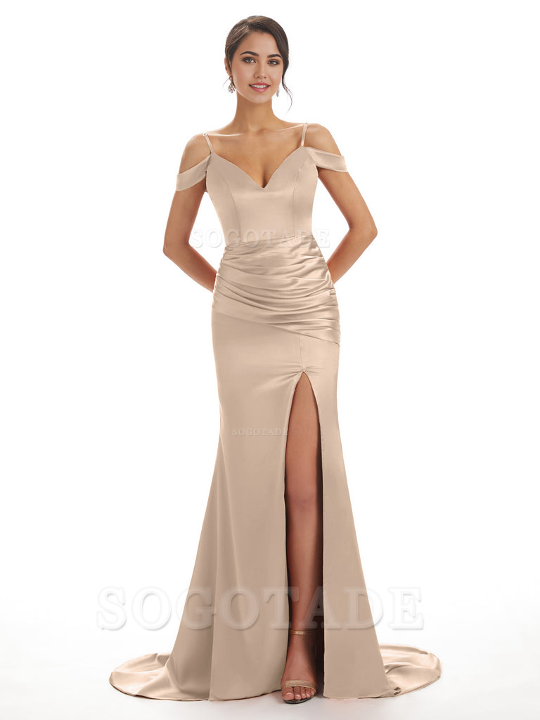 Mermaid Off The Shoulder Satin formal dresses evening gown Bridesmaid Dresses With Side Slit 