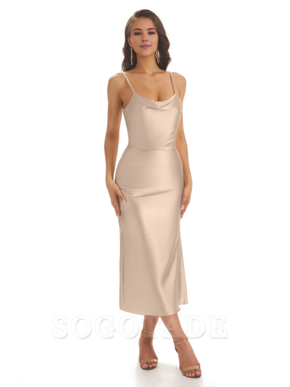 Sexy Soft Satin Spaghetti Strap Tea-Length Midi Short Bridesmaid Dresses prom shop dresses