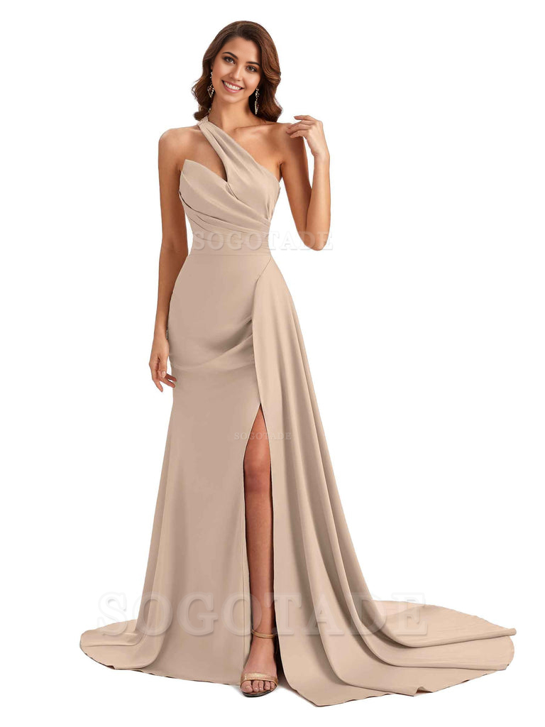 Mermaid One shoulder Satin formal dresses evening gown Bridesmaid Dresses With Side Slit 