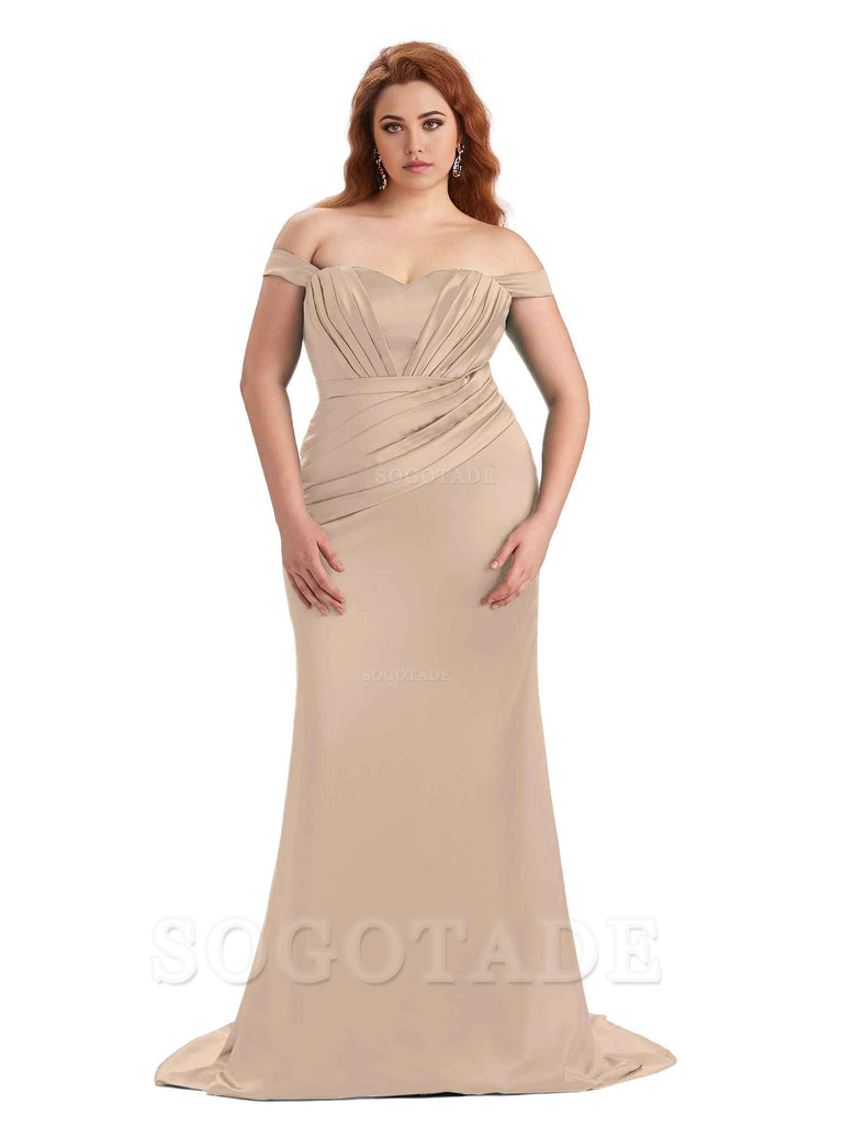 Sexy Mermaid Off The Shoulder Sweetheart Soft Satin Floor Length Long Plus Size Maid of Honor Dresses