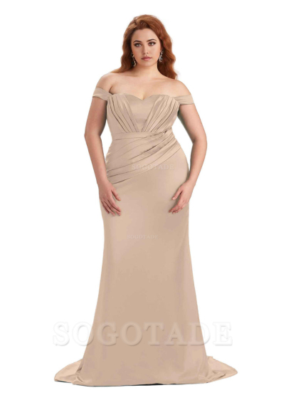 Sexy Mermaid Off The Shoulder Sweetheart Soft Satin Floor Length Long Plus Size Maid of Honor Dresses