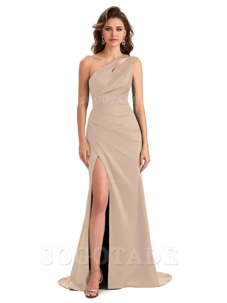 Mermaid One Shoulder Satin Sexy formal dresses evening gown Bridesmaid Dresses With Side Slit 