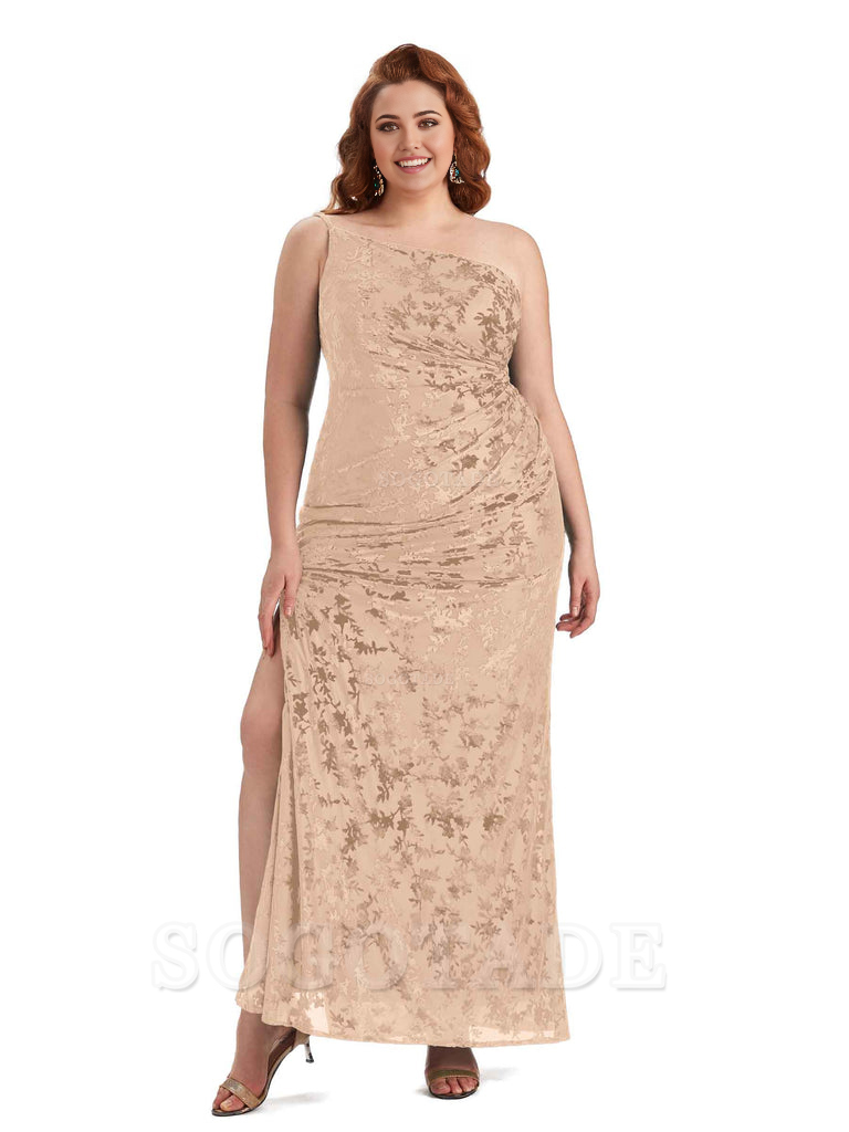 Sexy Mermaid Sleeveless One Shoulder Side Slit Floral Velvet Long Plus Size Bridesmaid Dresses