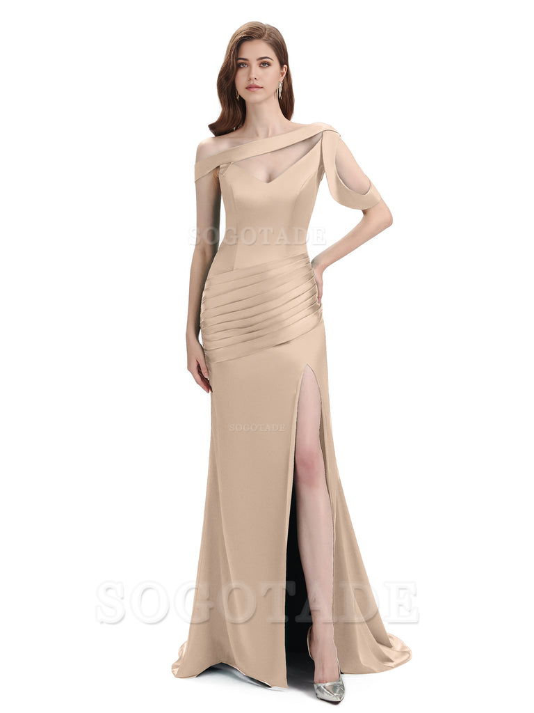 Mermaid V-Neck Satin Floor-Length formal dresses evening gown Bridesmaid Dresses With Side Slit 